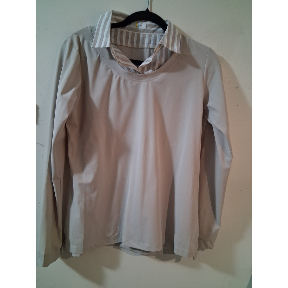 Callidae Women Long Sleeve Layered Equestrian Top Taupe Striped Trim Size L